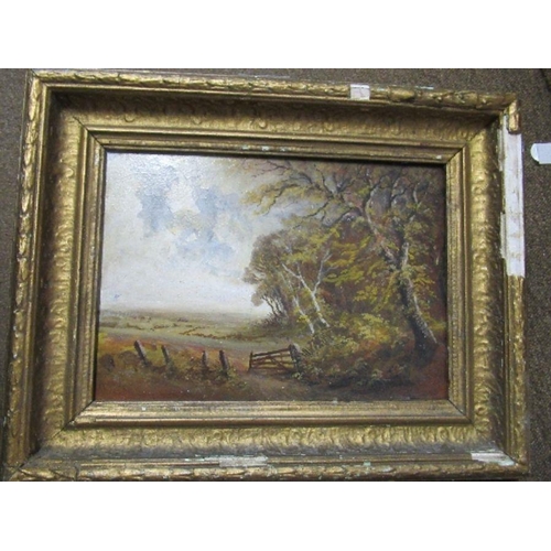 105 - An oil on artist board, landscape with trees and gate, 7ins x 10ins