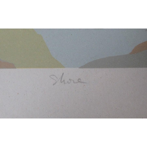 108 - A limited edition colour print, Shore, signed in pencil, 23ins x 17ins, together with a watercolour ... 