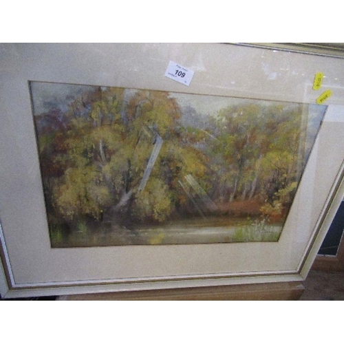 109 - Judy Hann, watercolour Autumn Epping Forest, 11.5ins x 18ins, together with J Fletcher-Watson, water... 