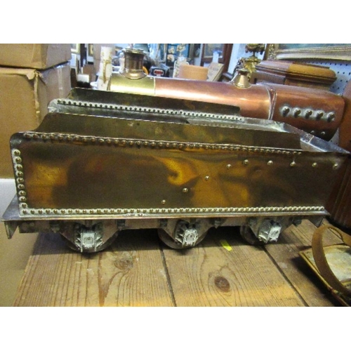 137 - A scratch built copper and brass model of a train and tender, length of train 22.5ins, height 10ins