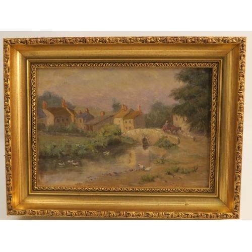 171 - G T Rope (attrib), two oil on boards, figure walking on a path, 7.5ins x 11ins and village scene, 7i... 