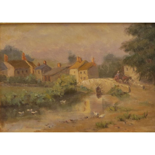 171 - G T Rope (attrib), two oil on boards, figure walking on a path, 7.5ins x 11ins and village scene, 7i... 