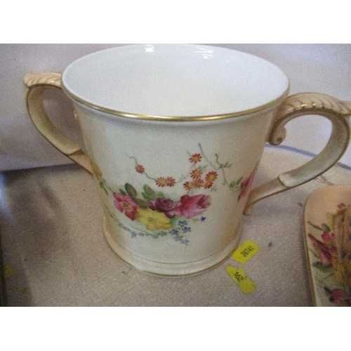 178 - A Royal Worcester blush ivory two handled tankard, height 5ins, together with a similar covered butt... 