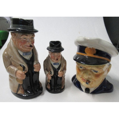 180 - Two Royal Doulton Winston Churchill character jugs, heights 6ins and 4ins, together with a Burleigh ... 