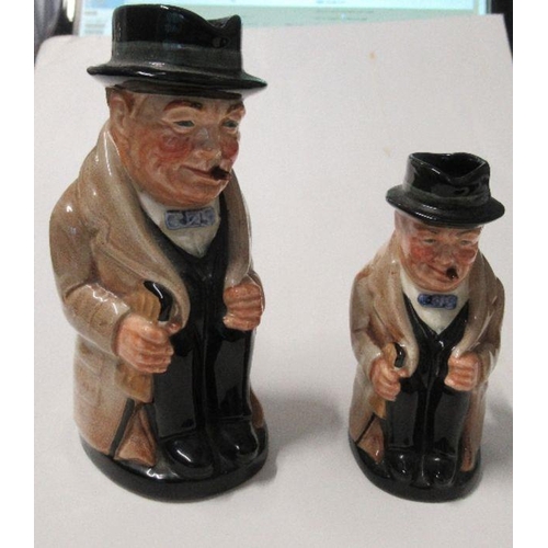 180 - Two Royal Doulton Winston Churchill character jugs, heights 6ins and 4ins, together with a Burleigh ... 