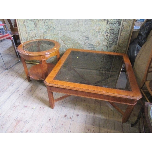 19 - An American reproduction glass top coffee table, width 41ins x height 17.5ins, together with a circu... 