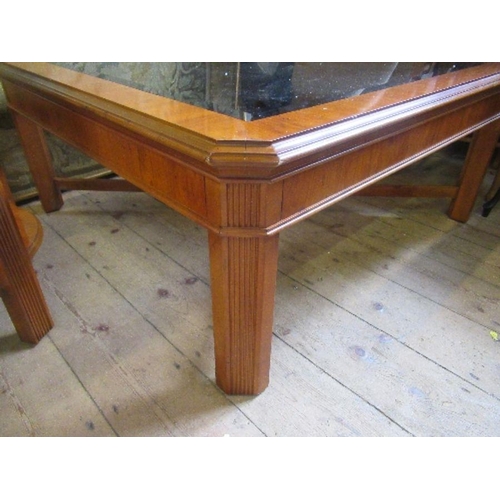 19 - An American reproduction glass top coffee table, width 41ins x height 17.5ins, together with a circu... 