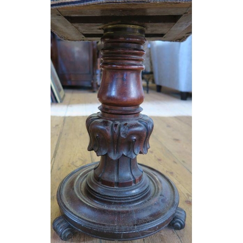 22 - A Victorian mahogany adjustable piano stool, with square upholstered top, on carved column and circu... 