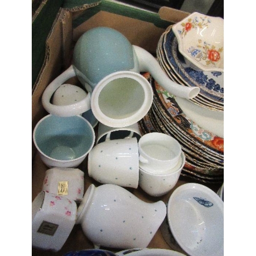 366 - Three boxes of china, to include Portmeirion, blue and white, Susie Cooper coffee ware, etc.