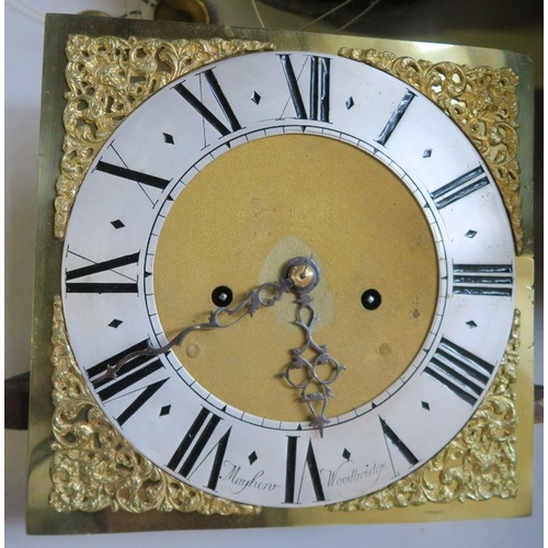 37 - An Antique mahogany cased long case clock, the square brass dial inscribed Meyhew Woodbridge