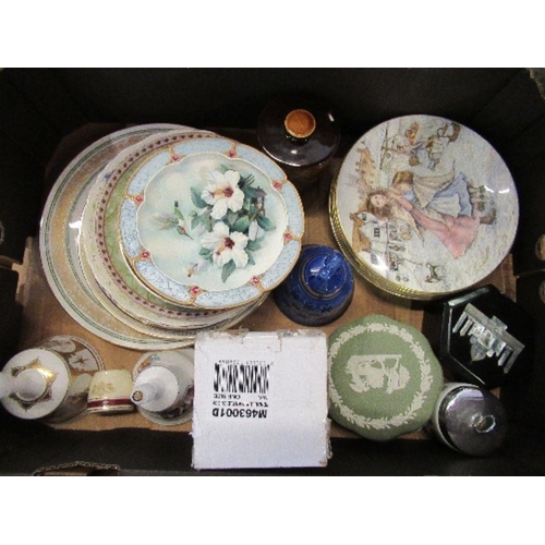 371 - A box of sundry china, to include collectors plates, Wedgwood, commemorative bells, etc.