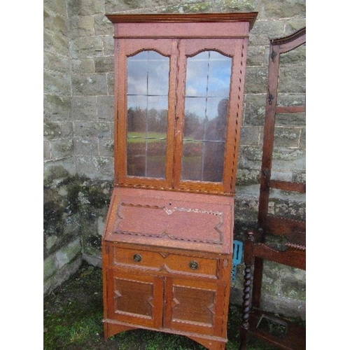 43 - An oak bureau bookcase, width 30ins x height 80ins, together with a hall stand, and a serpentine sha... 