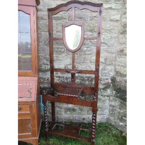 43 - An oak bureau bookcase, width 30ins x height 80ins, together with a hall stand, and a serpentine sha... 