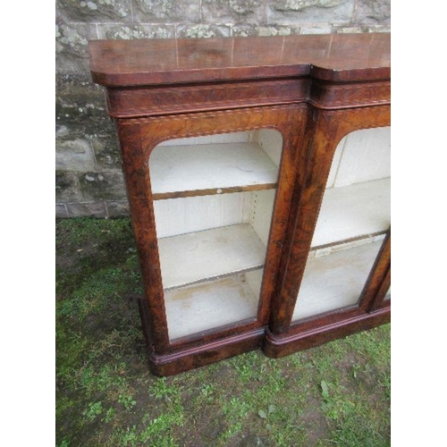 50 - A Victorian burr walnut break front glazed cabinet, with adjustable shelves, width 72ins