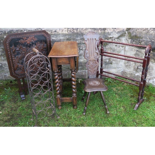 58 - A carved Oriental decorated tilt top table, together with a gateleg table, carved milking chair, tow... 