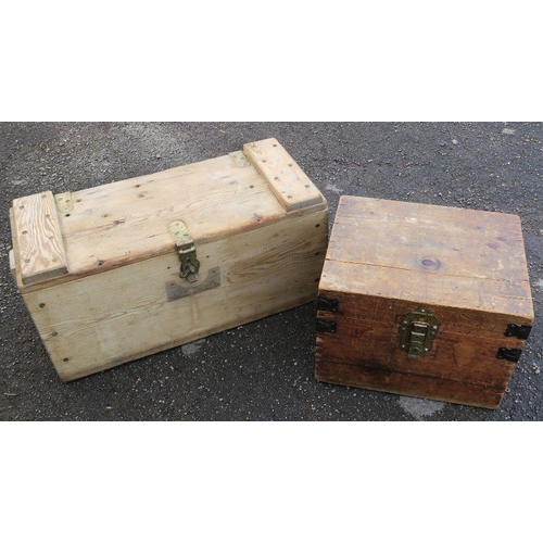 62 - A pine box, with brass hinges and clasp, 26ins x 12ins x 14ins, together with another pine box