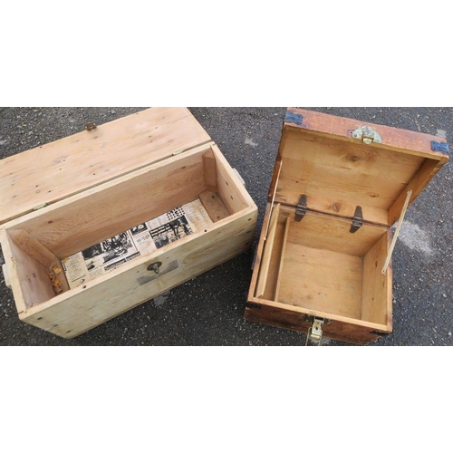 62 - A pine box, with brass hinges and clasp, 26ins x 12ins x 14ins, together with another pine box