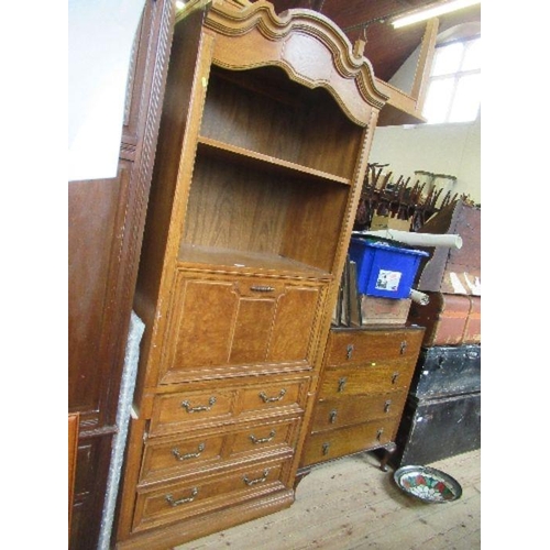 72 - A Thomasville oak and burr wood cabinet, fitted with a shelf over fall flap and drawers, af, height ... 