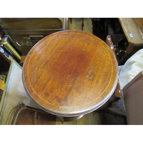 21 - A circular coffee table, together with a trunk, a magazine rack and a mahogany box with coat of arms... 