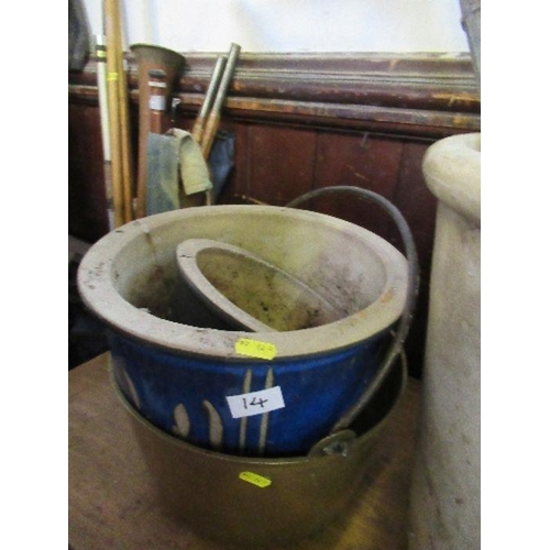 14 - A garden pot and contents, together with a jam pan and pots