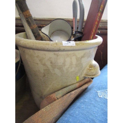 14 - A garden pot and contents, together with a jam pan and pots