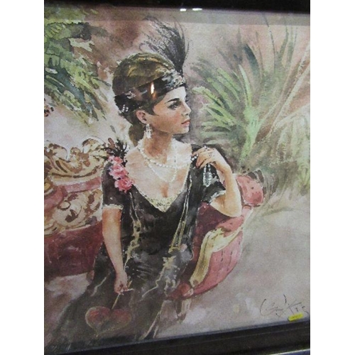 201 - King, colour print, woman in Art Deco dress, 17.5ins x 22.5ins