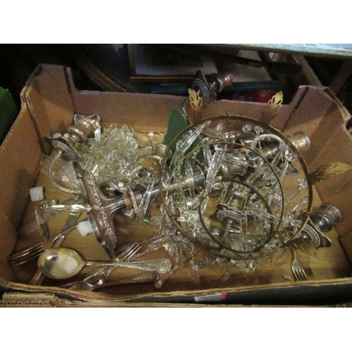 212 - A box to include glass lustre, silver plated candelabra, flatware, etc.