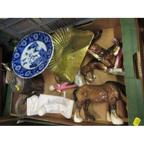 217 - A box to include Beswick horses, mother of pearl card cases, brass crumb tray and book rests, etc.