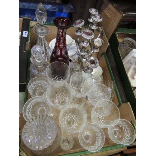 218 - A box of assorted glassware together with a pair of candelabrum, and Royal Worcester tea pot