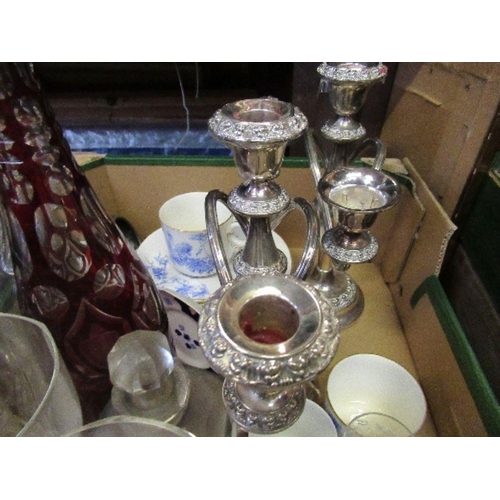 218 - A box of assorted glassware together with a pair of candelabrum, and Royal Worcester tea pot