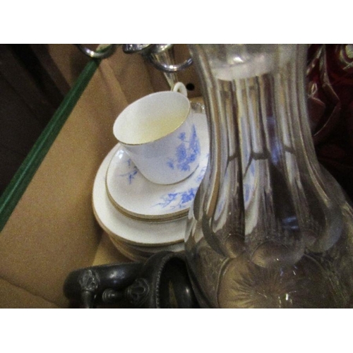 218 - A box of assorted glassware together with a pair of candelabrum, and Royal Worcester tea pot