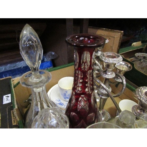 218 - A box of assorted glassware together with a pair of candelabrum, and Royal Worcester tea pot