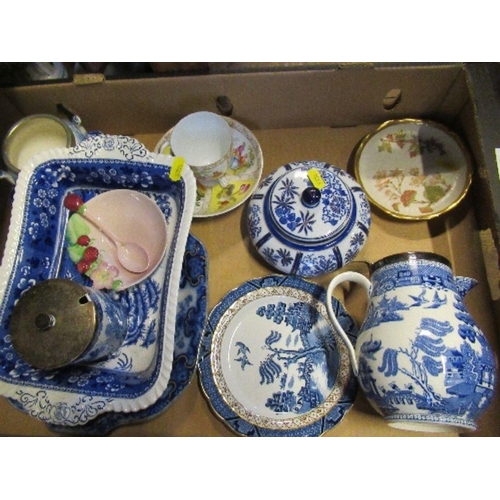 220 - A box of blue and white china, together with a Royal Worcester dish, a Dresden cup and saucer etc