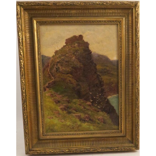 290 - W J Adams, oil on canvas, view of grassy rocks, dated 1887, 13ins x 9.25ins, together with G M Dunda... 