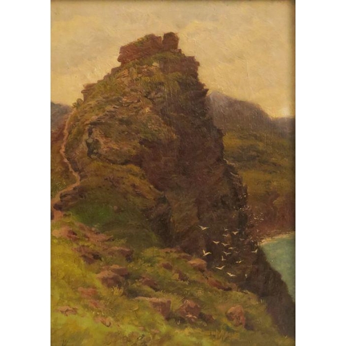 290 - W J Adams, oil on canvas, view of grassy rocks, dated 1887, 13ins x 9.25ins, together with G M Dunda... 