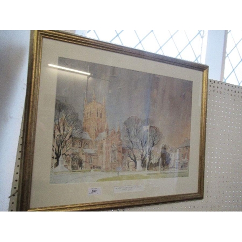 291 - C Leslie-Matthews, colour print, Worcester Cathedral, 18ins x 22ins