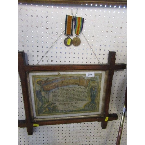 292 - 6609 PTE H F Hemming WORC R, two service medals together with a framed Peace certificate