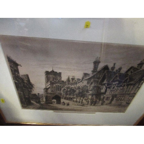 296 - An etching, Leicester Hospital & Capel, Warwick, 12.5ins x 18ins, together with two fashion prints a... 