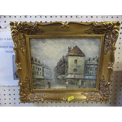 297 - Burnett, oil on canvas, town scene, 7.5ins x 9.5ins