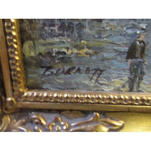 297 - Burnett, oil on canvas, town scene, 7.5ins x 9.5ins