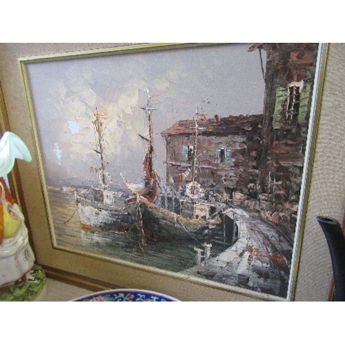 298 - Reynolds, oil on canvas, harbour scene, 16ins x 19ins - paint lose in areas