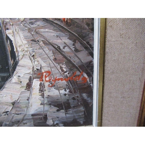 298 - Reynolds, oil on canvas, harbour scene, 16ins x 19ins - paint lose in areas