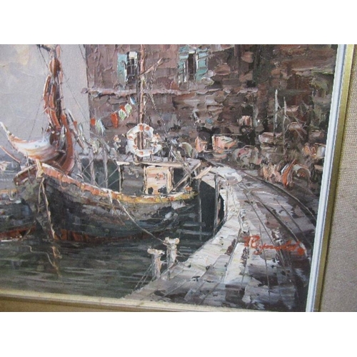 298 - Reynolds, oil on canvas, harbour scene, 16ins x 19ins - paint lose in areas