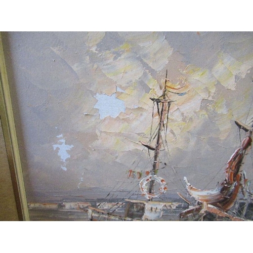 298 - Reynolds, oil on canvas, harbour scene, 16ins x 19ins - paint lose in areas