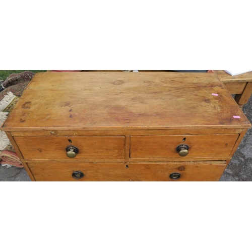 32 - An Antique pine chest, of two short over three long drawers, raised on bracket feet, 36ins x 17ins, ... 