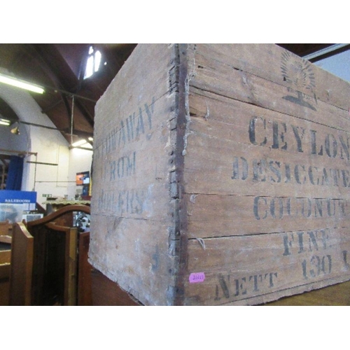 42 - A wooden crate, stamped Ceylon Desiccated Coconut, etc.