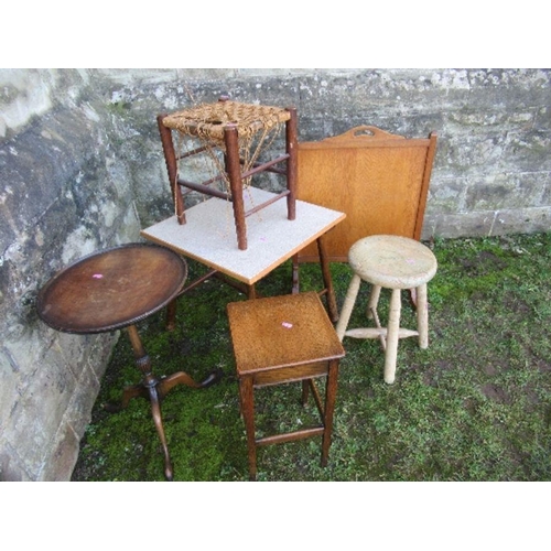 59 - A collection of furniture to include occasional table, fire screen, two stools, wine table and small... 