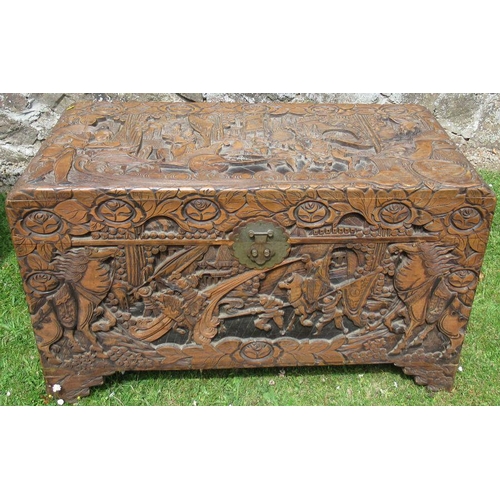 44 - An Eastern carved blanket box, decorated with figures in landscape and flowers, 41ins x 20.5ins, hei... 