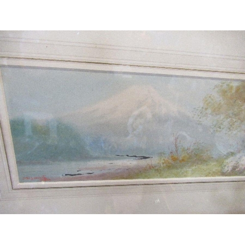 103 - Watercolour, snow capped mountain in a a landscape, 5ins x 11.25ins