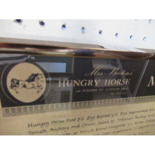 116 - A framed menu, Mrs Beeton's Hungry Horse, Fulham Road London, together with another framed menu